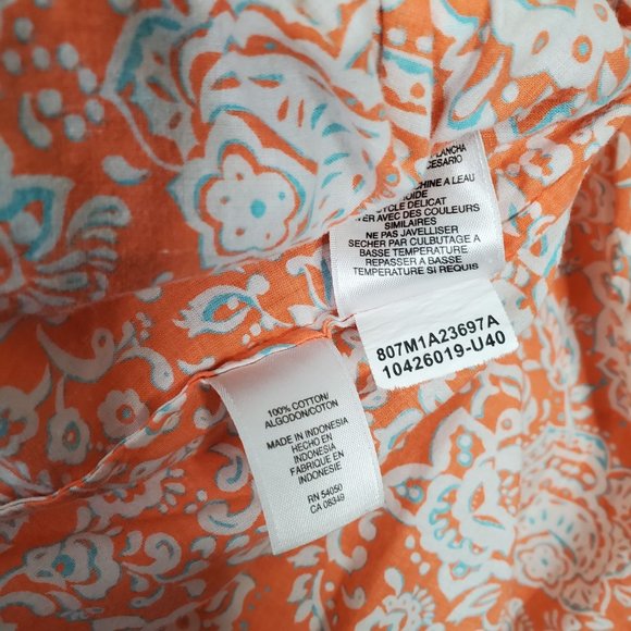 JNY Signature Sz XL Blouse Button Front Floral Roll Tab Cotton Side Vents Orange - Picture 9 of 14